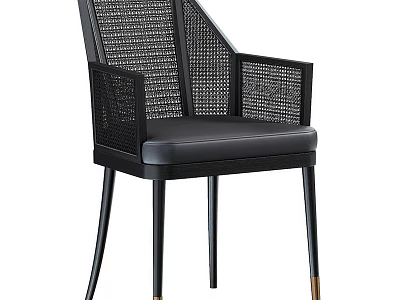 Modern Single Chair With Rattan Armrests Leather Seat And Black Metal Legs With Gold Accents 3d model