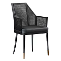 Modern Single Chair With Rattan Armrests Leather Seat And Black Metal Legs With Gold Accents