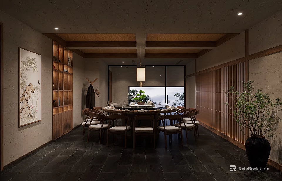 Japanese Style Private Dining Room With Round Table Wooden Chairs And Shoji Screens 3d model