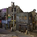 Cartoon Japanese Street Scene with Traditional Shop Signs Lanterns and Buildings