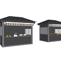 Two Gray Kiosks With Striped Awnings And Displayed Goods In Outdoor Scene