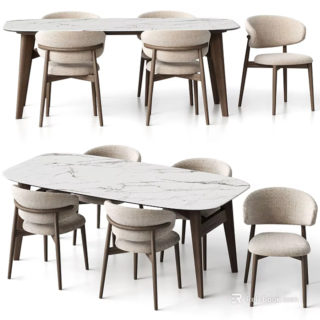 Modern Dining Table Set With Marble Tabletop And Six Upholstered Wood Chairs 3d model 