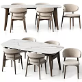 Modern Dining Table Set With Marble Tabletop And Six Upholstered Wood Chairs 3d model
