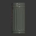 Green Trash Can With Red Strap And Vertical Stripes On Smooth Metallic Surface