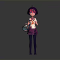 Anime 3D Game Character With Purple Short Hair Red Bow Pink Skirt Holding Megaphone