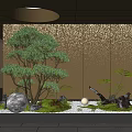 Modern Indoor Landscape With Green Tree Sparkling Wall Moss Ferns And Spherical Decorative Lights