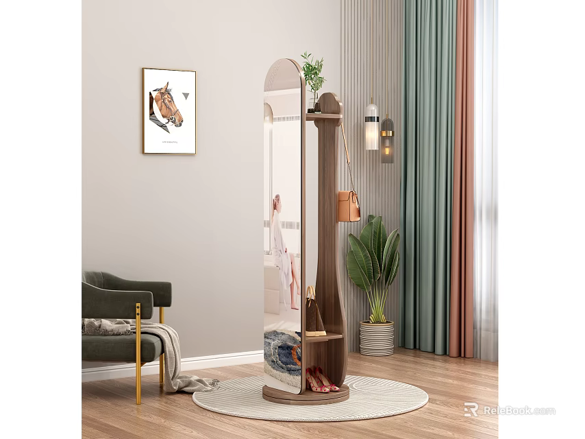 Modern Storage Cabinet With Full Length Mirror Green Plant And Shoes On Round Rug 3d model 