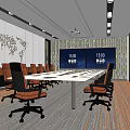 Modern Conference Room Interior With Long Table Brown Chairs Dual Screens And World Map