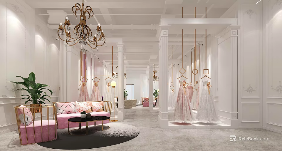 Elegant Bridal Shop Interior With Chandelier Pink Sofa Hanging Wedding Dresses And Columns 3d model 