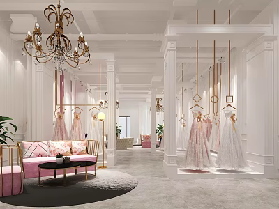 Elegant Bridal Shop Interior With Chandelier Pink Sofa Hanging Wedding Dresses And Columns 3d model