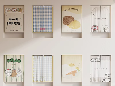 Adorable Kitchen Curtains Featuring Cartoon Illustrations And Checkered Patterns for Home Kitchen 3d model