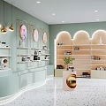 Specialty Store Interior Featuring Light Green Walls Golden Decor Circular Artworks Arched Shelves Terrazzo Floor