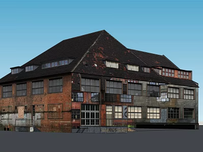 Old Red Brick Industrial Building With Black Roof And Multiple Windows 3d model