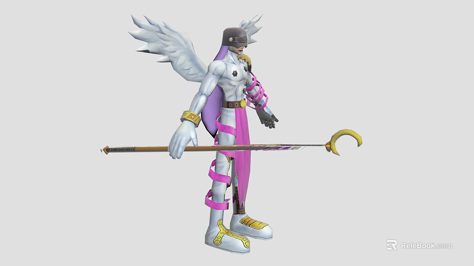 Game and Movie Character With White Wings Helmet White Purple Outfit And Long Staff 3d model 
