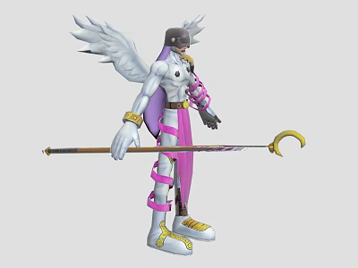 Game and Movie Character With White Wings Helmet White Purple Outfit And Long Staff 3d model