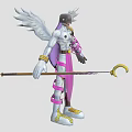 Game and Movie Character With White Wings Helmet White Purple Outfit And Long Staff
