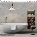 Modern Freestanding White Bathtub Interior With Textured Grey Wall Wooden Shelf Bath Products And Towel