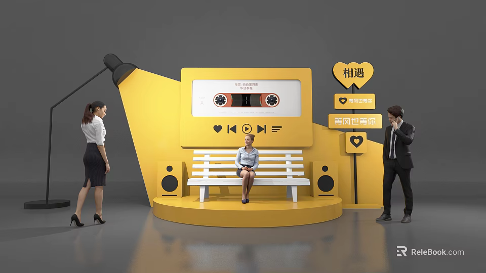 Yellow Vintage Cassette Tape Installation With Bench And People Interaction 3d model