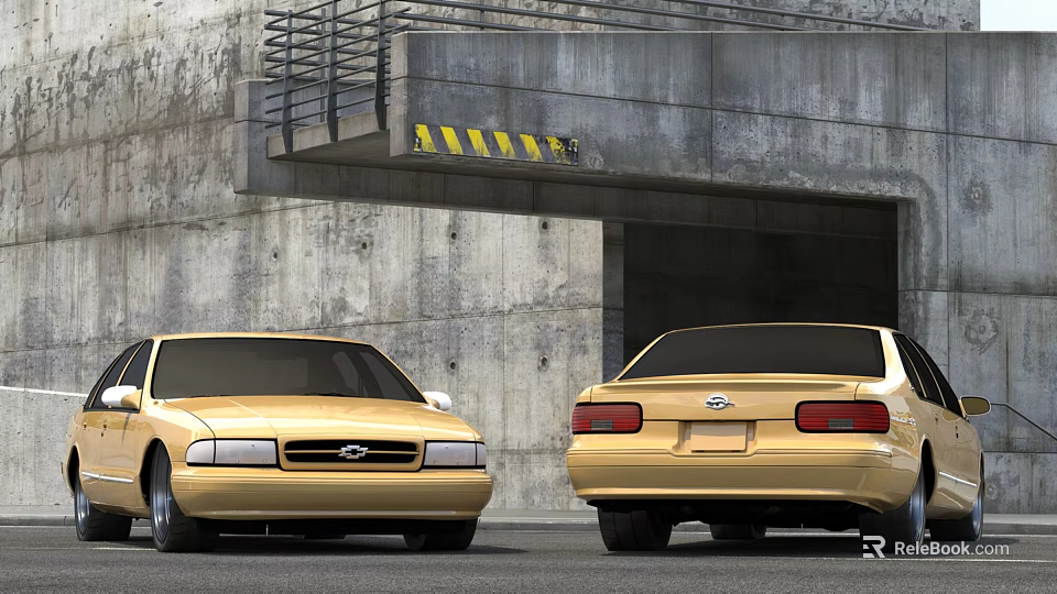 Two Golden Sedans Parked Under Concrete Underpass With Warning Stripes 3d model 