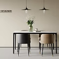 Modern Designer Dining Table Set With Gray And Beige Chairs Hanging Pendant Lights And Vase
