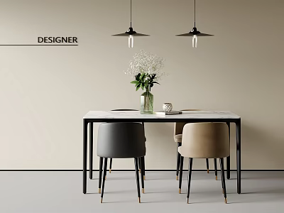 Modern Designer Dining Table Set With Gray And Beige Chairs Hanging Pendant Lights And Vase 3d model