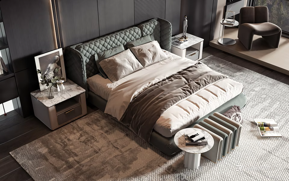 Double Bed with Green Velvet Headboard Soft Bedding Side Nightstands Decorative Art and Plush Rug 3d model 