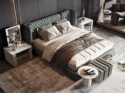 Double Bed with Green Velvet Headboard Soft Bedding Side Nightstands Decorative Art and Plush Rug 3d model