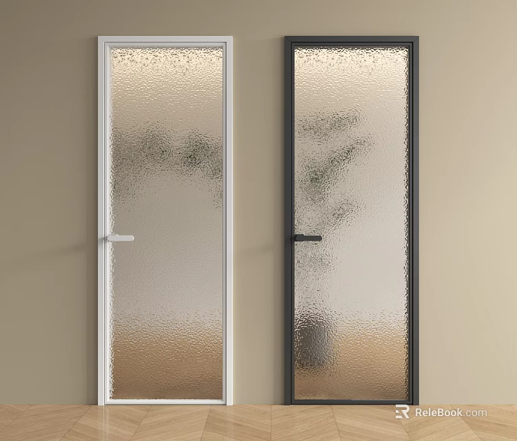 Modern Interior Swing Doors with White Black Frames Frosted Glass and Wooden Floor 3d model 
