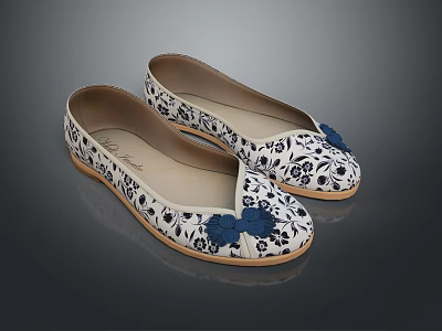 Women's Flat Shoes With Blue And White Floral Pattern And Blue Flower Decoration 3d model