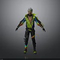 Futuristic Cyberpunk Character With White Hair And Colorful Green Purple Black Outfit