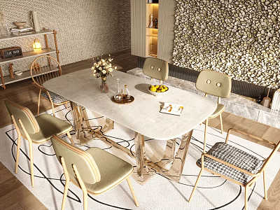 Modern Elegant Dining Table Set With Marble Top Metal Base Beige Chairs And Stone Wall 3d model