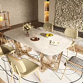 Modern Elegant Dining Table Set With Marble Top Metal Base Beige Chairs And Stone Wall
