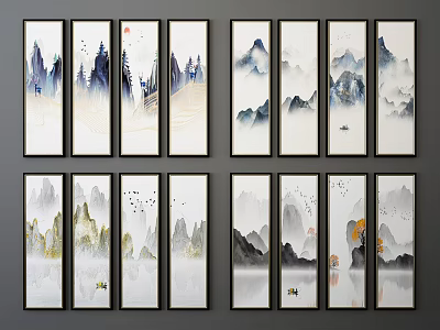 Chinese Ink Landscape Paintings With Mountains Water Clouds And Flying Birds In Multiple Panels 3d model