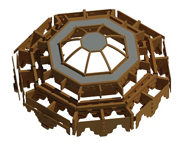 Detailed Octagonal Wooden Architectural Structure With Roof Frame And Support Beams 3d model