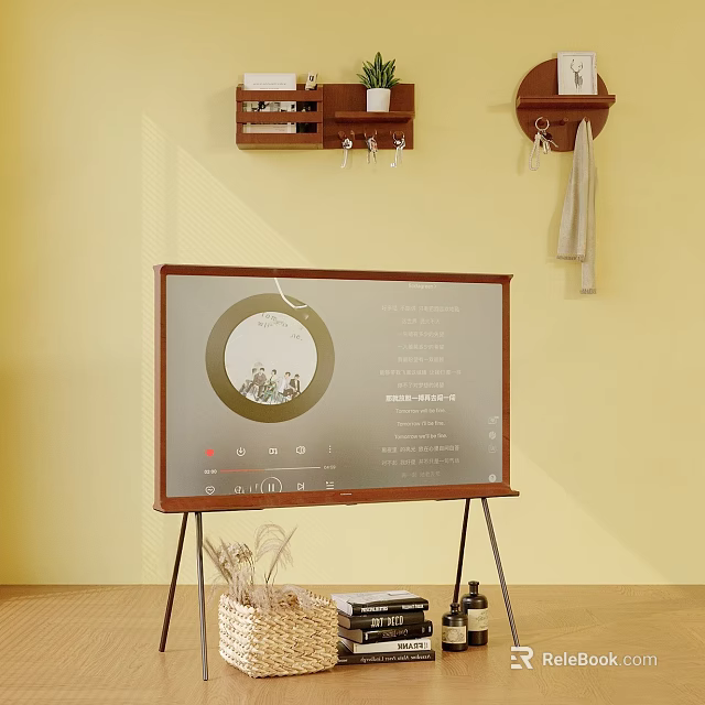 TV on Wooden Stand Against Yellow Wall Displaying Interface with Basket and Items Below 3d model 