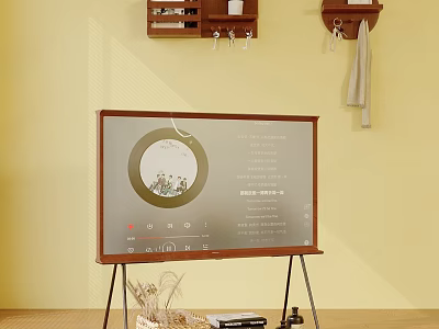TV on Wooden Stand Against Yellow Wall Displaying Interface with Basket and Items Below 3d model