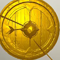 Golden Circular Sculpture Carving With Intricate Patterns And Arrow Detail