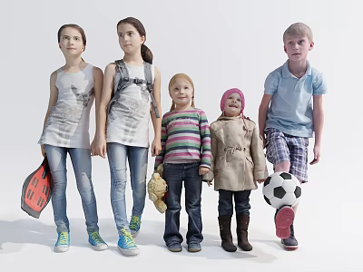 Group of Five Children Standing Together With Casual Outfits and Toys Like Football Teddy Bear 3d model