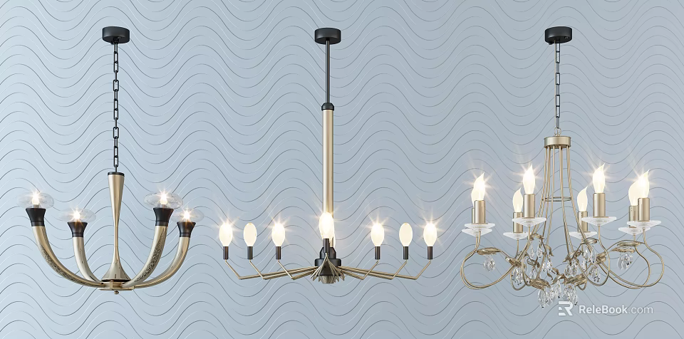 Stylish Contemporary Chandeliers With Gold Black Accents And Multiple Bulbs 3d model 