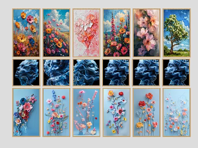 Colorful Framed Floral And Tree Decorative Paintings With 3D Textures 3d model