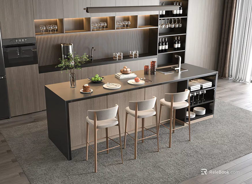 Modern Home Bar Counter With Stylish Bar Stools Wine Glasses And Fruit 3d model 
