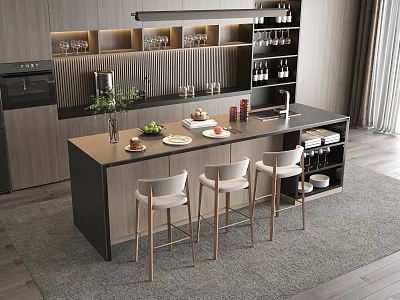 Modern Home Bar Counter With Stylish Bar Stools Wine Glasses And Fruit 3d model