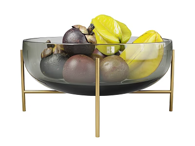 Fresh Fruits Including Mangosteen And Star Fruit In Glass Bowl With Golden Stand 3d model
