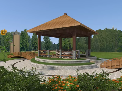 Wooden Roof Pavilion In Garden With Grassland Trees Sunflower And Wooden Bridge 3d model