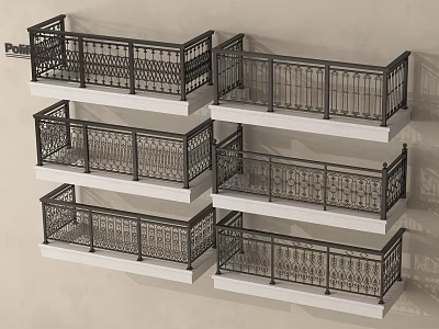 Black Metal Balcony Railings With Intricate Patterns On Multiple Levels Light Beige Wall Background 3d model