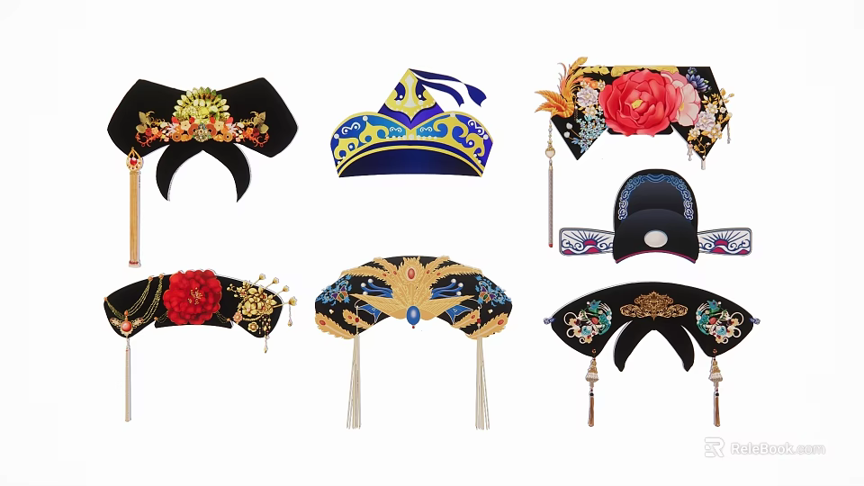 Traditional Chinese Decorative Pendant Ornaments With Floral Designs Golden Patterns And Tassels 3d model 