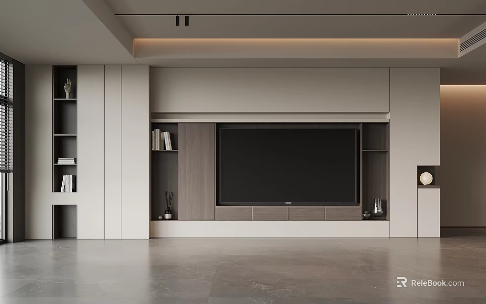 Modern TV Background Wall with Minimalist Design Embedded TV and Wooden Storage Cabinets 3d model 