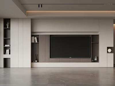 Modern TV Background Wall with Minimalist Design Embedded TV and Wooden Storage Cabinets 3d model
