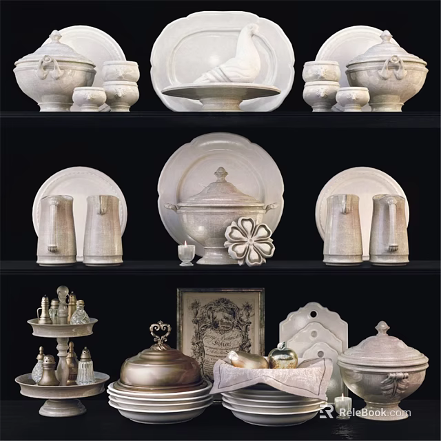 Vintage Decorative Dinnerware Set With Ceramic Plates Jars And Covered Containers 3d model 