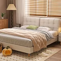 Double Bed With Upholstered Headboard Neutral Bedding Wooden Nightstand Table Lamp Rug Decorative Pumpkin Blinds